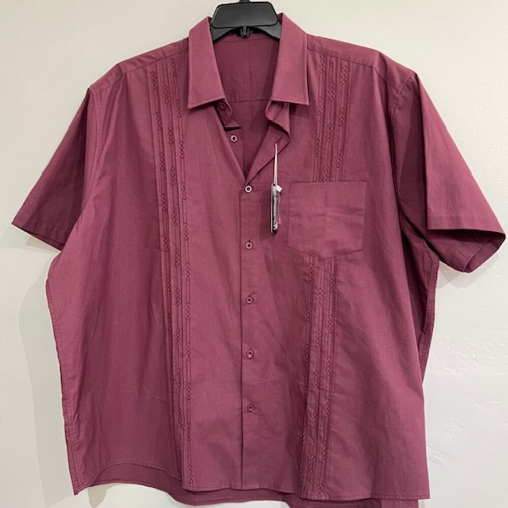 NWT COOFANDY Mens Button-dwn Short Sleeve Shirt, Plum, Embroidered Details, 3XL